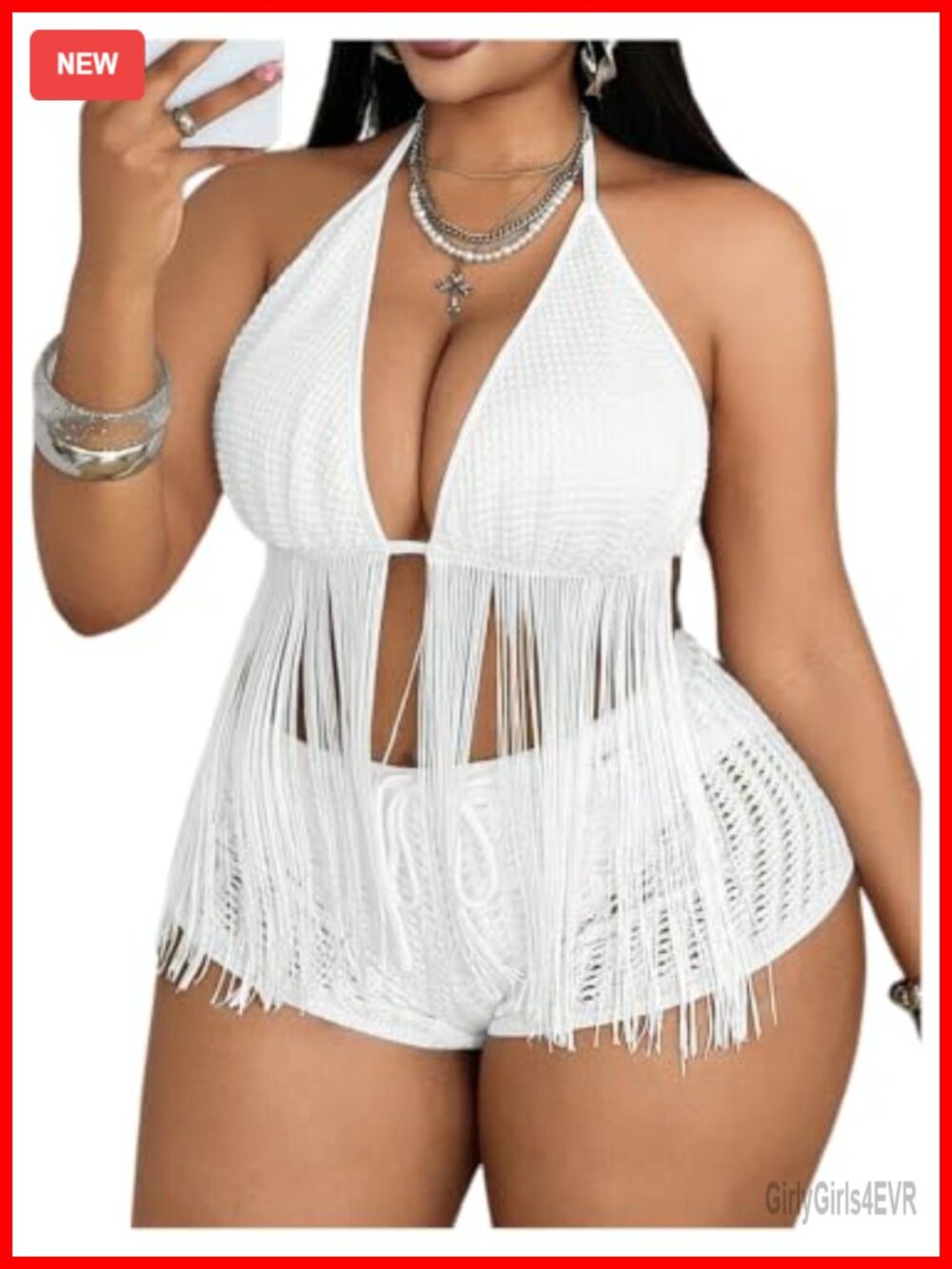 Plus Size Fringe Halter Crop Top Sleeveless Tie Back Party Clubwear